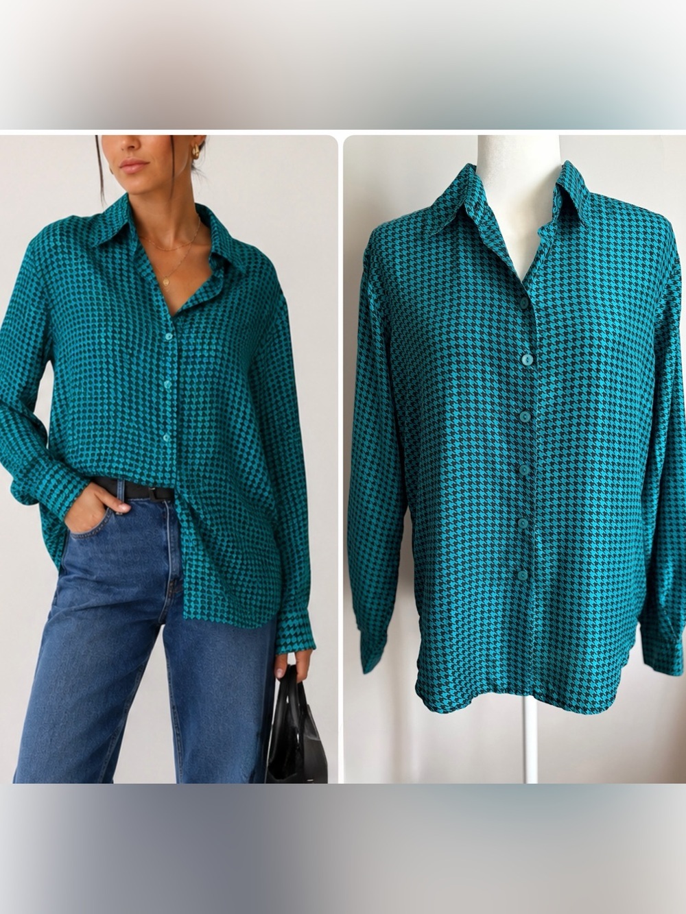 Vintage Bedford Fair Lifestyles 100% Silk Houndstooth Button Front Blouse Small